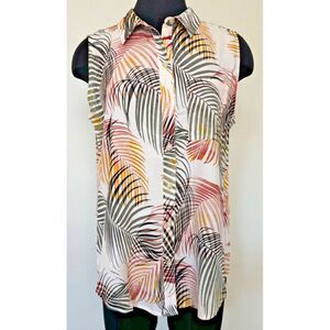 Liz Claiborne Sleeveless Shirt Button‎ Up Palm Leaf Tropical Summer Hawaiian M